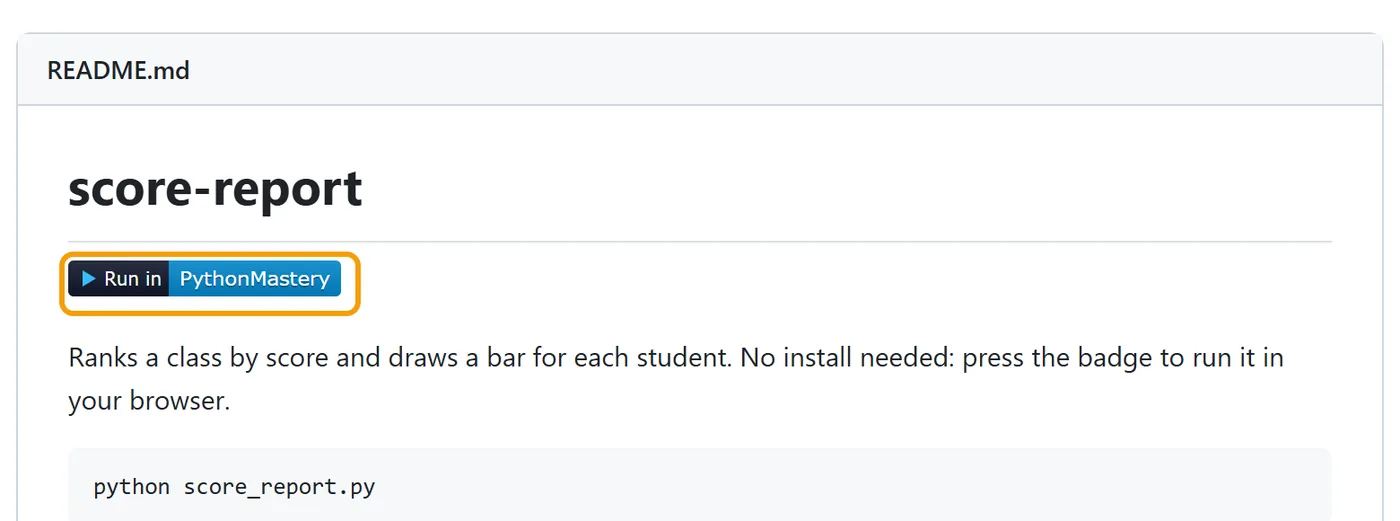 A project README with the 'Run in PythonMastery' badge circled under the title