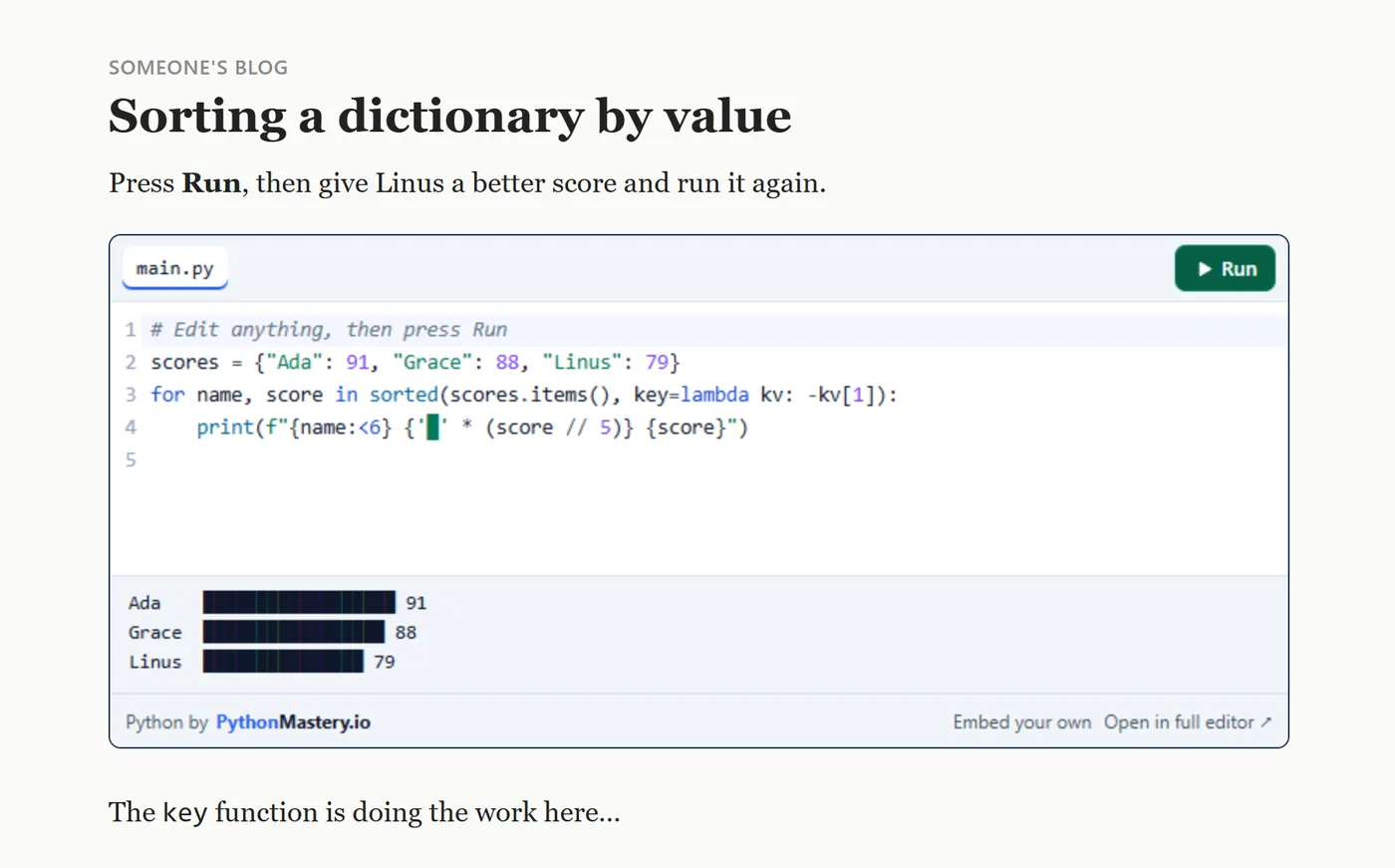 A blog post titled Sorting a dictionary by value, with a runnable Python box in the middle showing code and its output