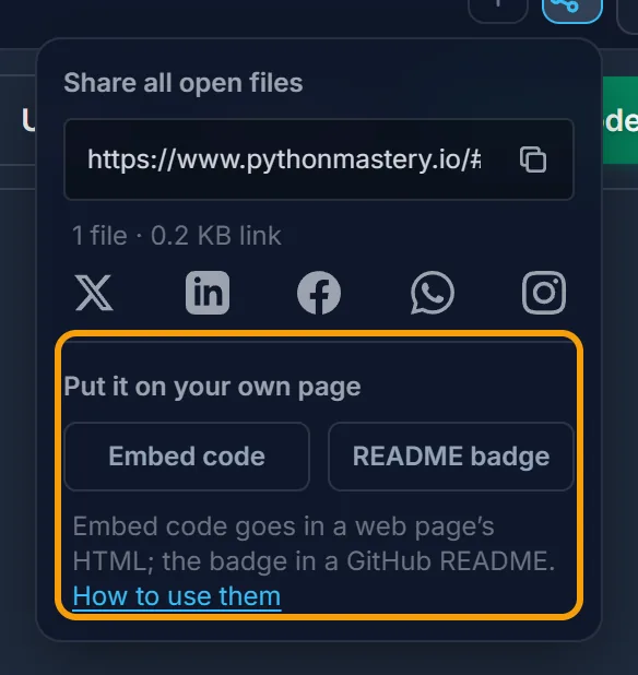 The open Share+ menu, with the section 'Put it on your own page' circled: Embed code and README badge buttons