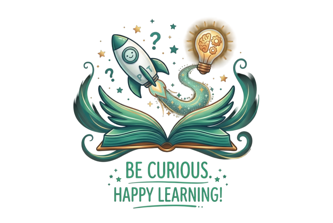 Be Curious, Happy Learning — an open book with a rocket, lightbulb, and stars